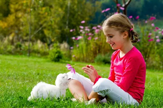 A puppy and girl sitting in the grass.