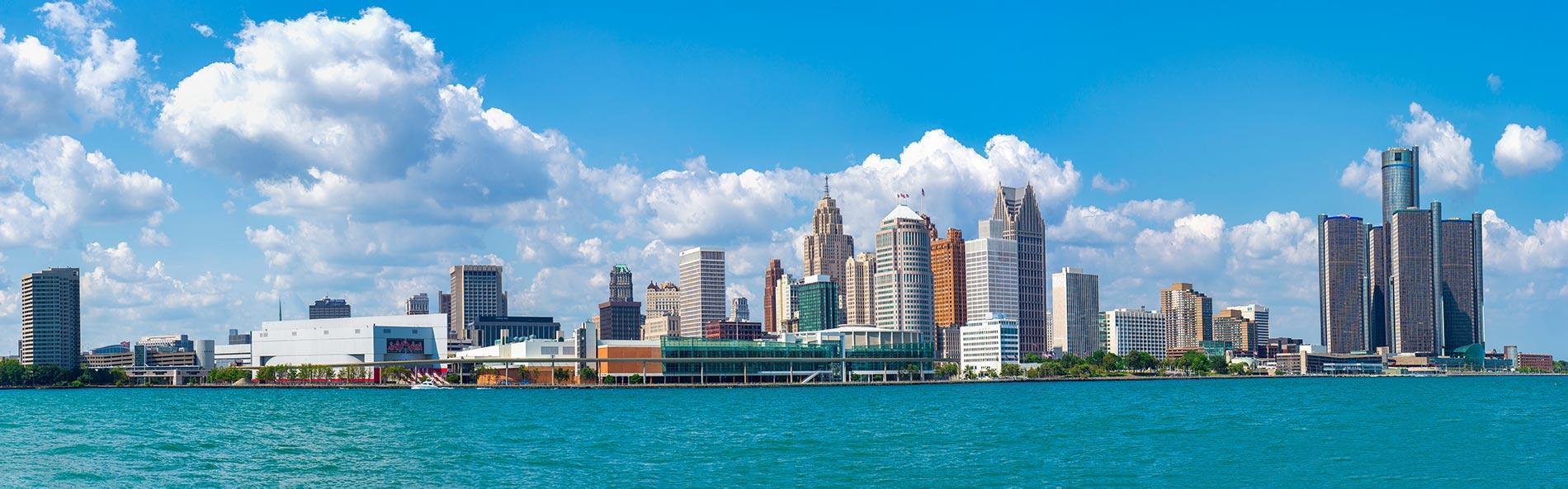 Detroit, Michigan Skyline Blue Sky From The Detroit River