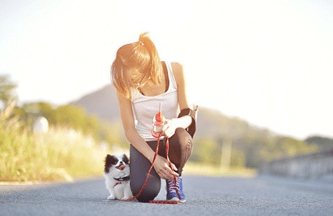 Girl kneeling down to her puppy.