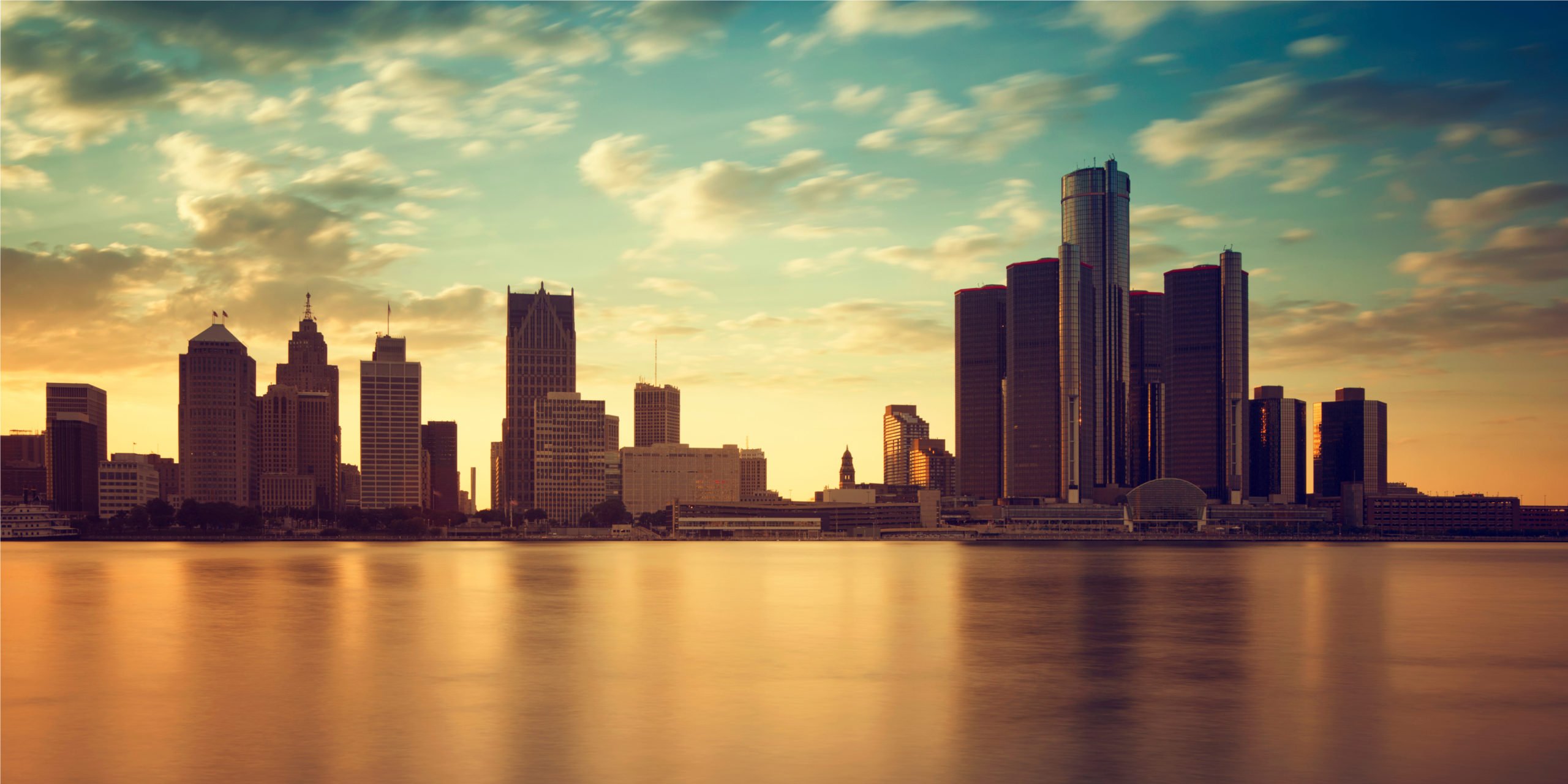 Detroit, Michigan Skyline At Dusk From The Detroit River