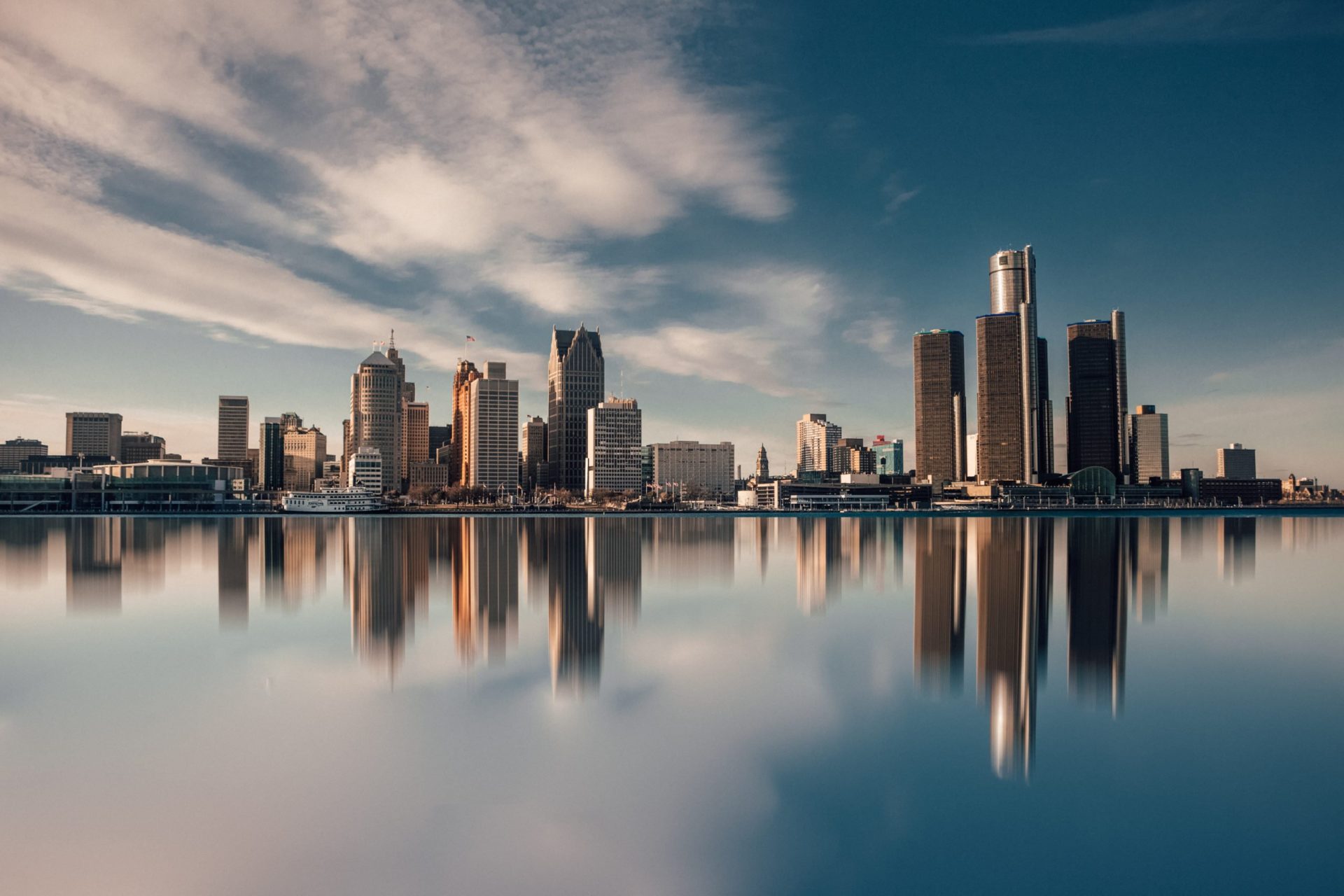 Detroit, Michigan Skyline At Dusk From The Detroit River